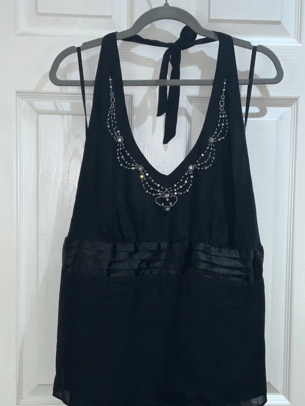 Lane Bryant Black satin halter top Blouse Sz 18 rhinestone embellished neckline